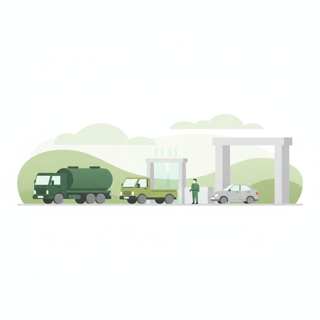 농장 입구에 여러 종류의 차량(사료차, 농장주 트럭, 외부 방문객 승용차)이 줄지어 소독을 기다리는 모습