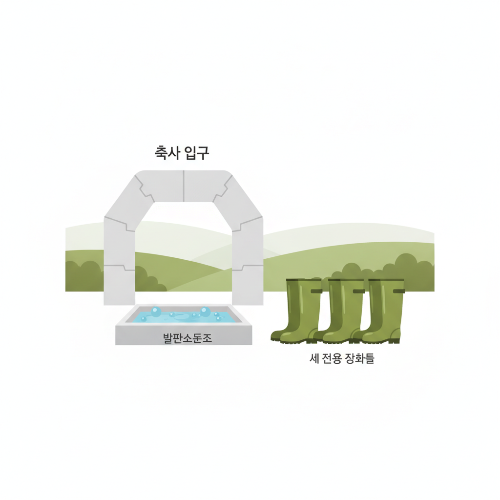 축사 입구에 놓인 발판소독조와 새 전용 장화들